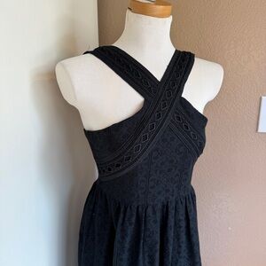 JOA Black Eyelet Lacey Embroidered Cross High Neck Fit and Flare Dress K